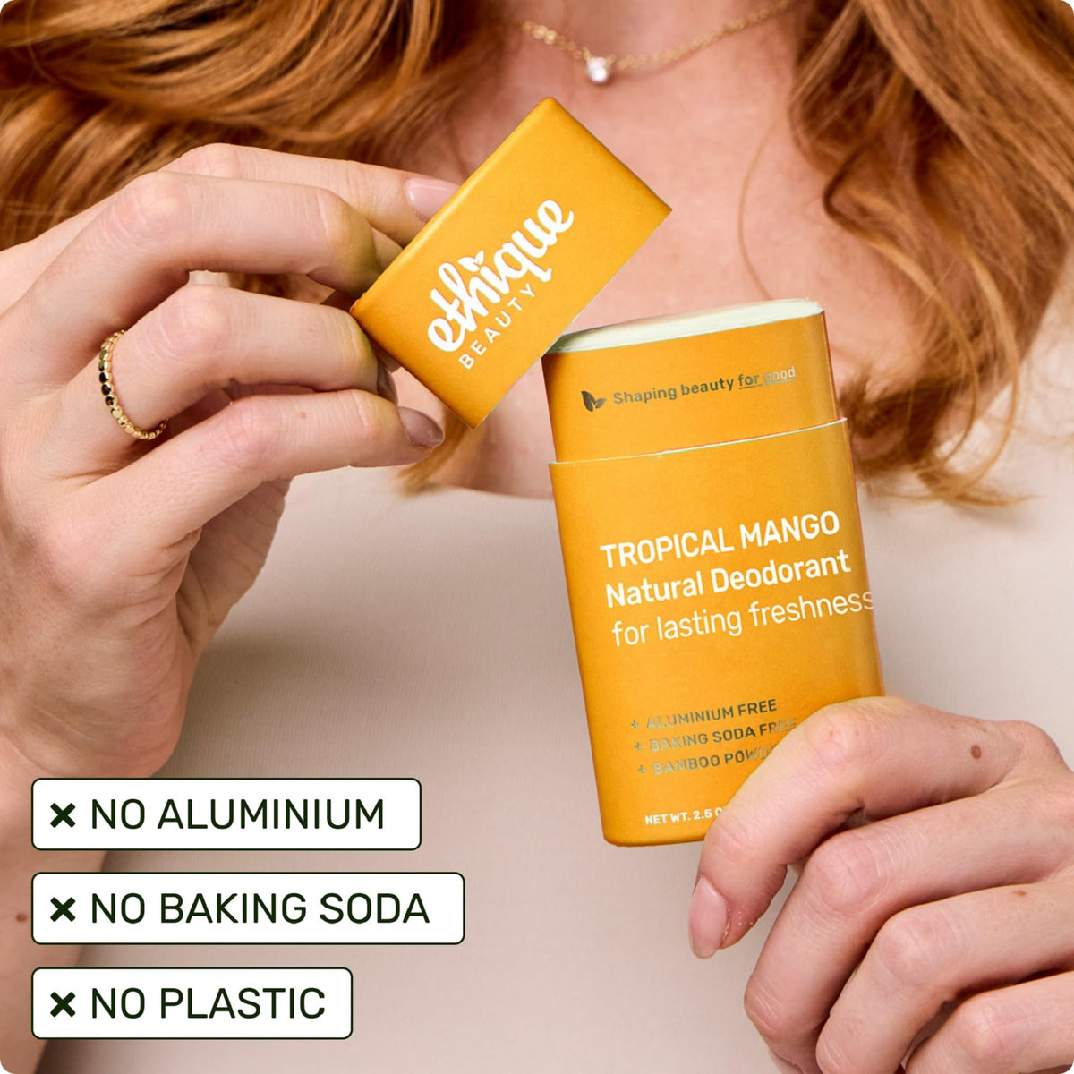 Ethique Tropical Mango packaging highlights plastic-free, recyclable packaging and vegan cruelty-free certification.