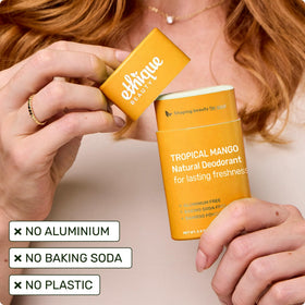 Ethique Tropical Mango packaging highlights plastic-free, recyclable packaging and vegan cruelty-free certification.