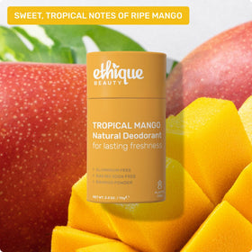 Ethique Mango zinc oxide graphic highlights natural odor control using mineral actives.