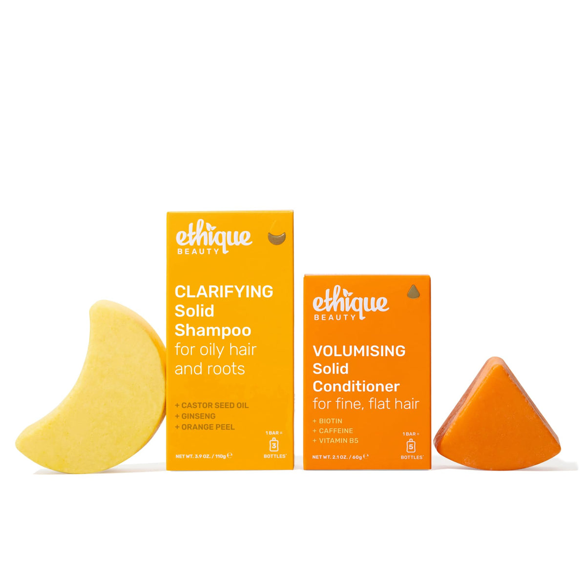 Ethique clarifying shampoo bar with castor oil for oil control and buildup removal.