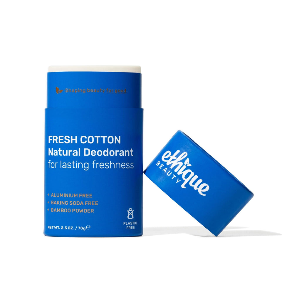 Ethique Fresh Cotton Deodorant Stick packaging highlights plastic-free, eco-friendly packaging.
