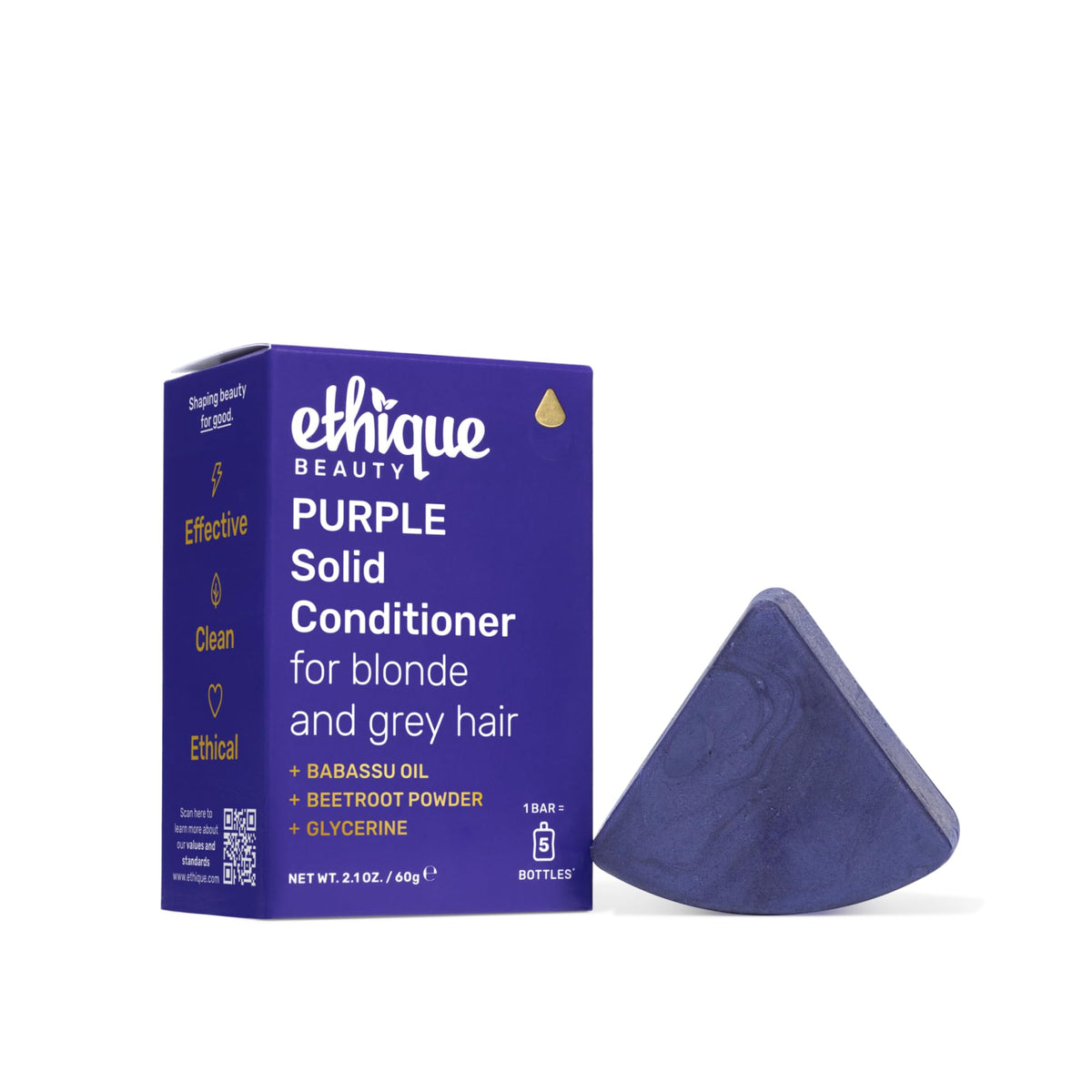 Ethique Purple Conditioner Bar packaging showcases plastic-free design for eco-conscious shoppers