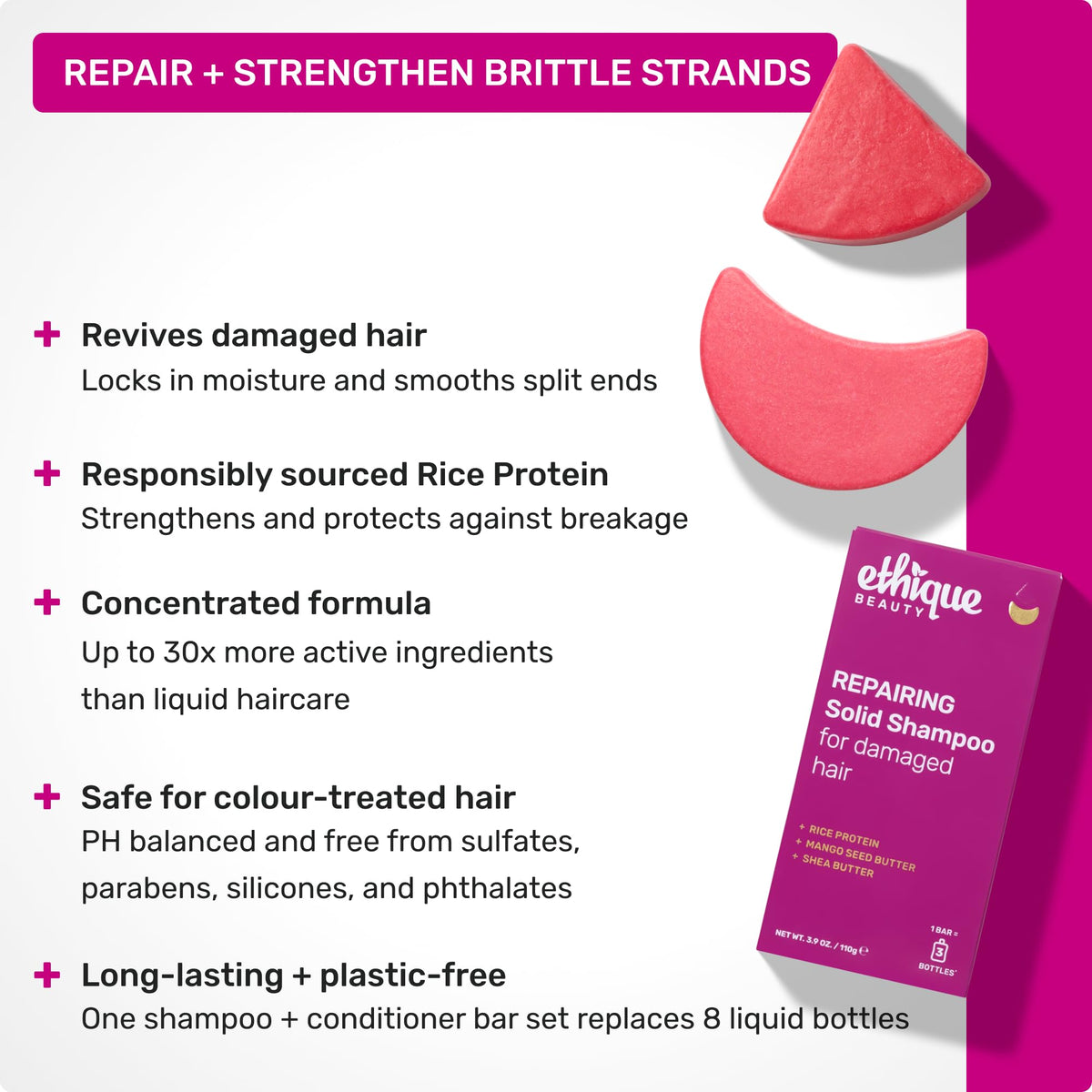 Ethique Repairing Shampoo Bar with rice protein strengthens strands