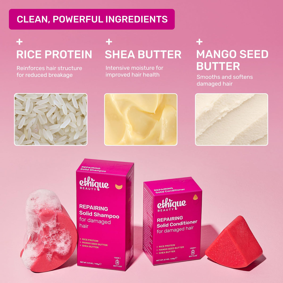 Ethique Repairing Shampoo Bar with shea butter provides deep moisture