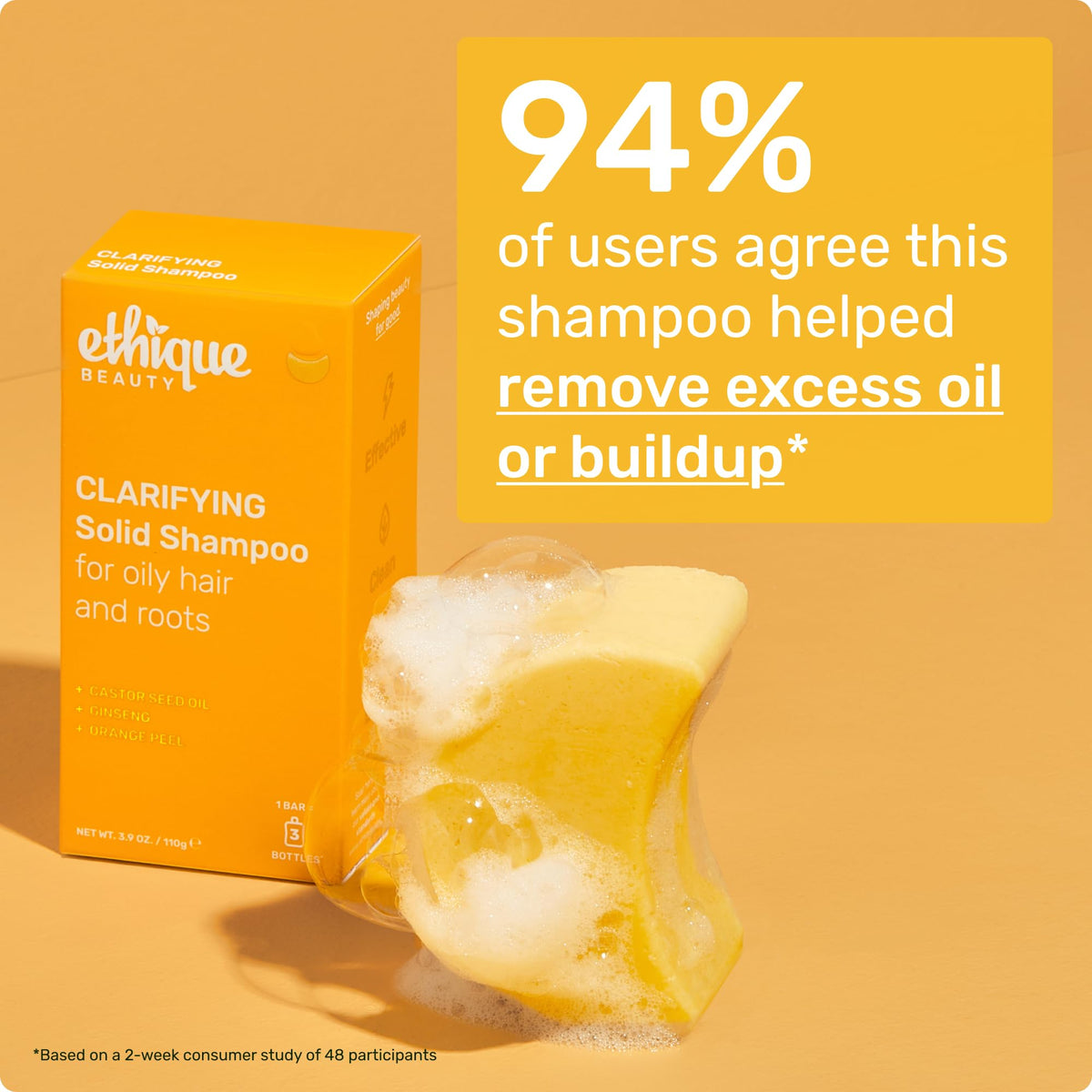 Ethique shampoo bar with ginseng for invigorated scalp and revived strands.