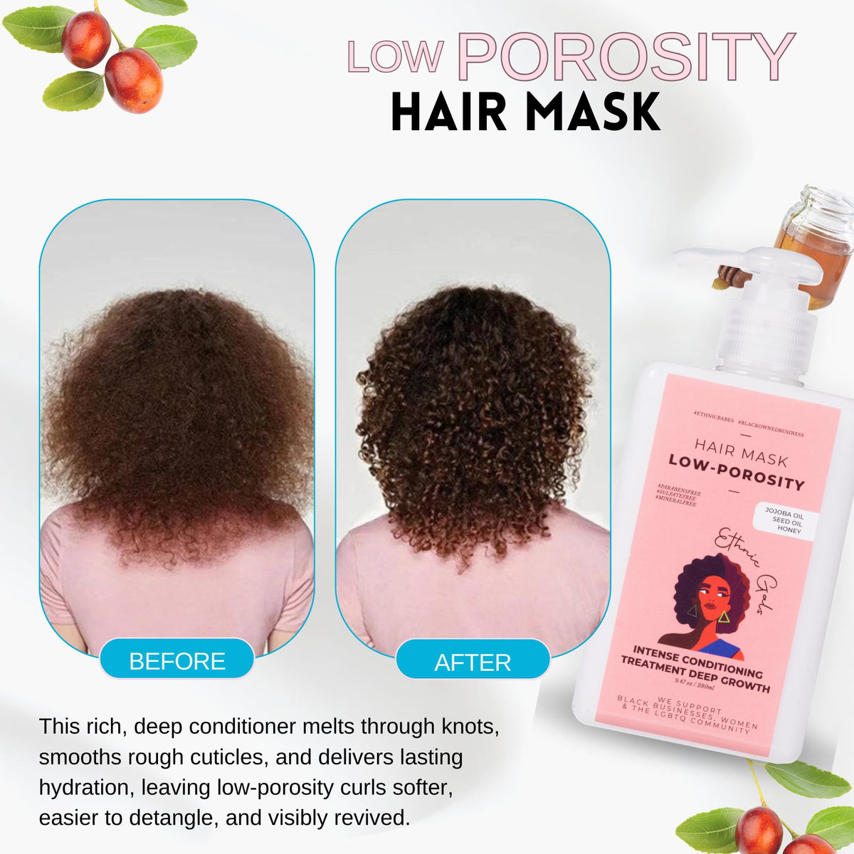 Ethnic Gals Low Porosity Hair Mask ingredients with Shea butter and Argan oil for nourishment