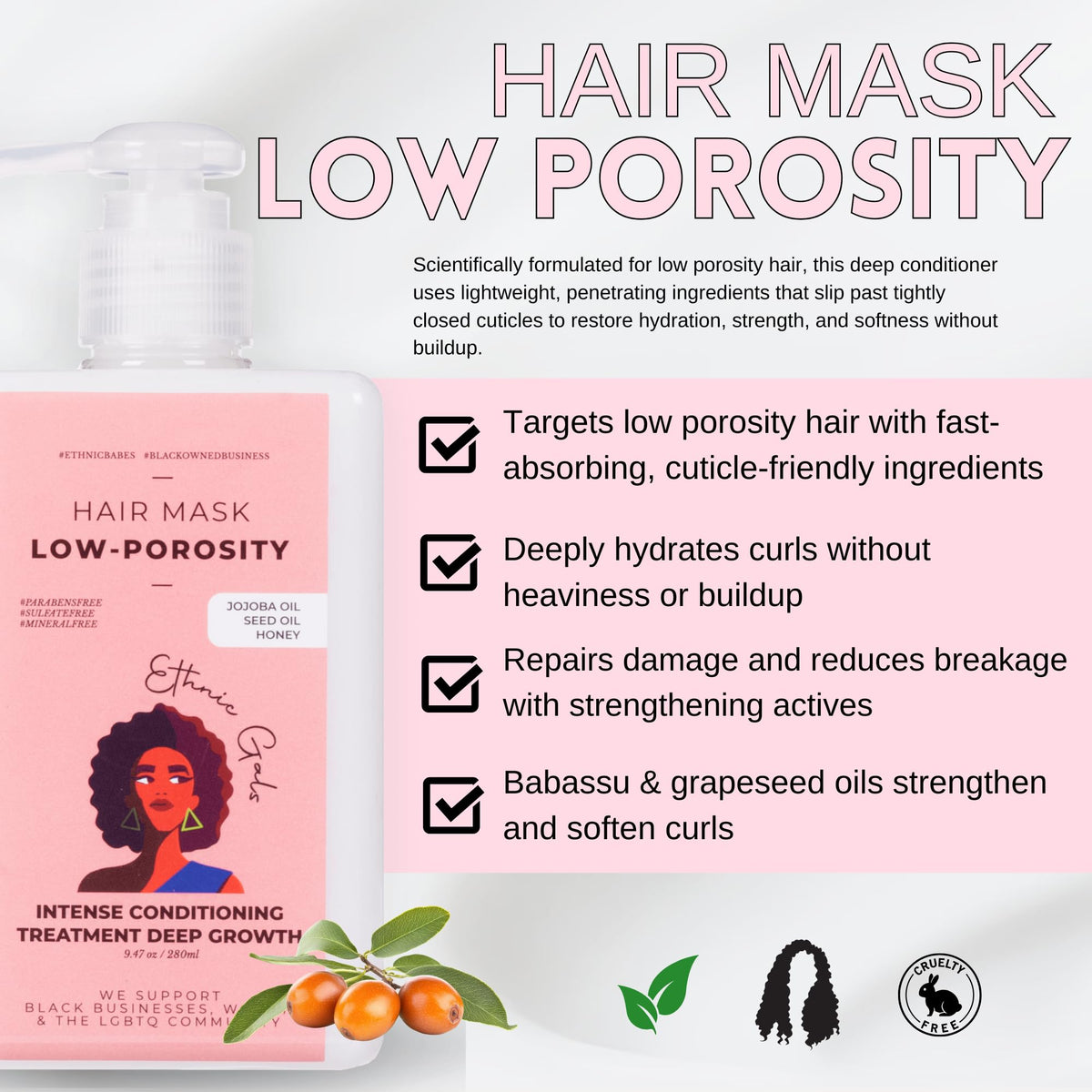Ethnic Gals Low Porosity Hair Mask packaging emphasizes porosity care