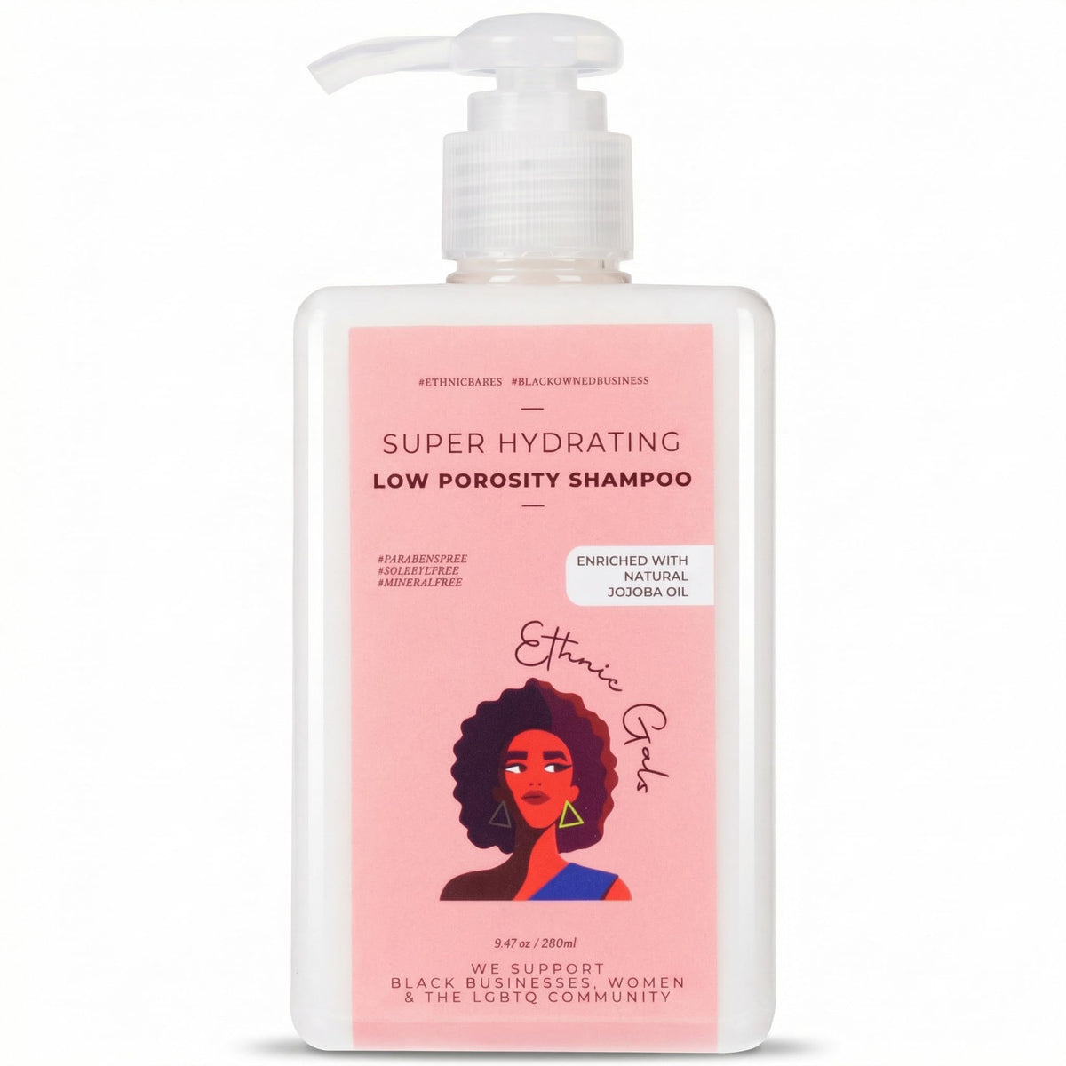Ethnic Gals Low Porosity Shampoo bottle with hydrating formula for curls.