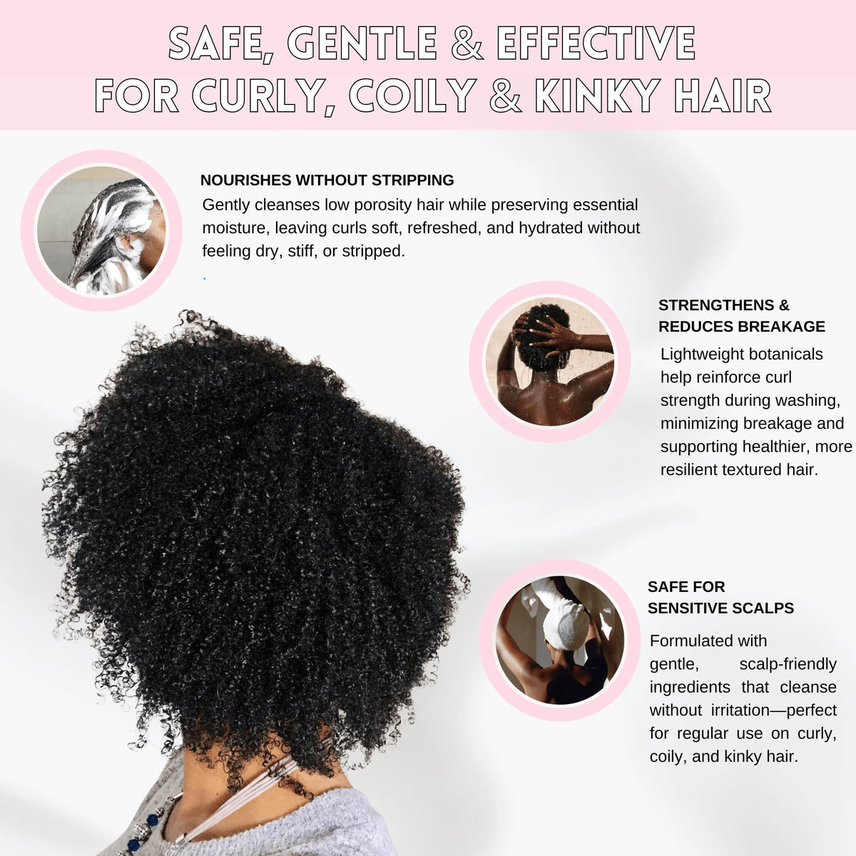 Ethnic Gals shampoo on curly hair ready for styling.