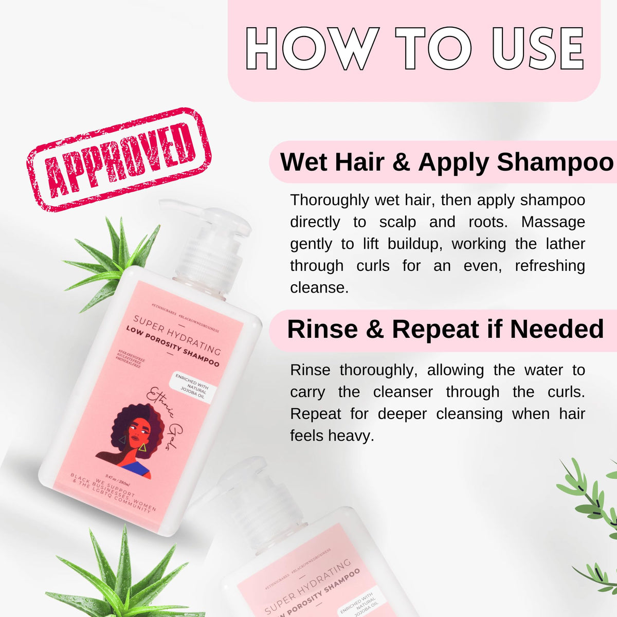 Ethnic Gals shampoo pump dispensing shows easy, controlled application.