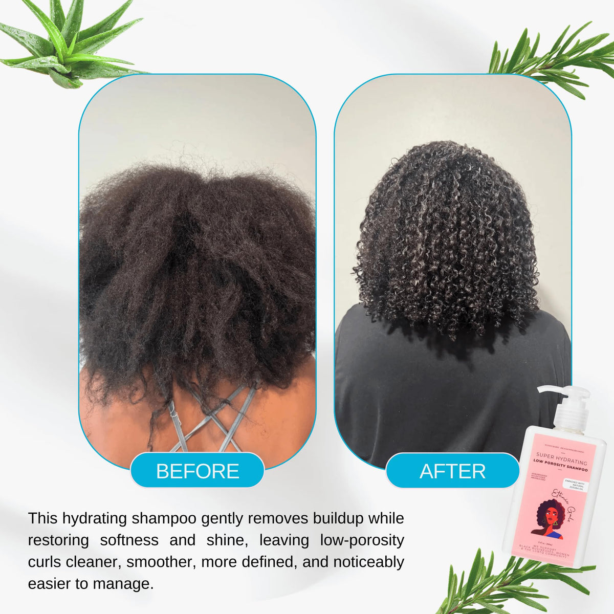 Ethnic Gals shampoo ingredients panel shows aloe vera and argan oil for moisture.