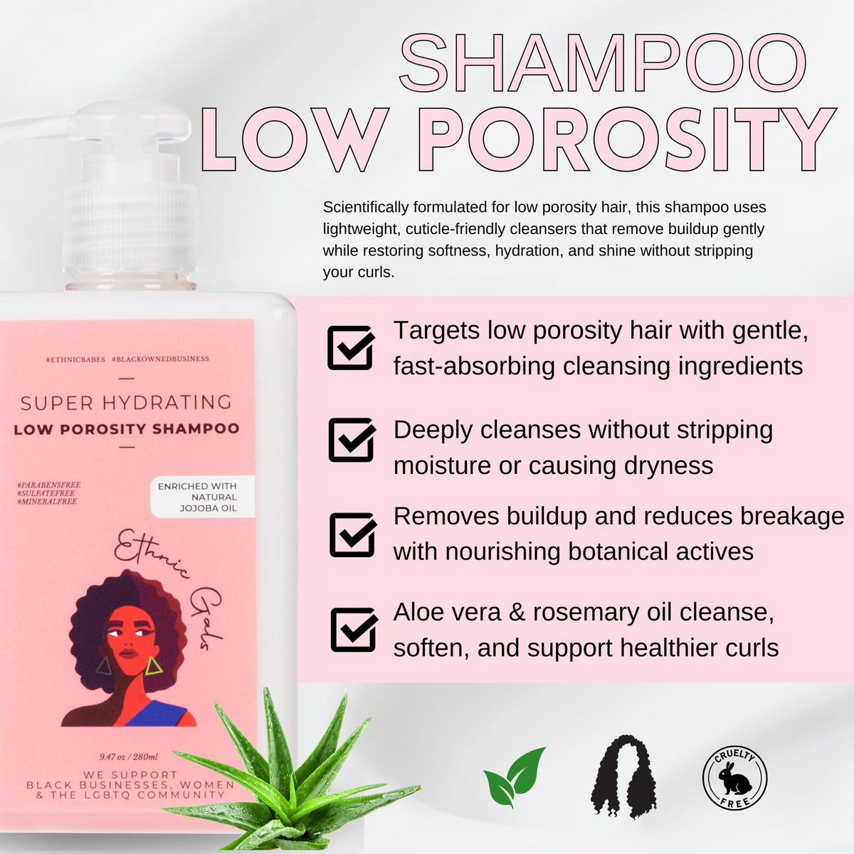 Ethnic Gals Low Porosity Shampoo label close-up highlighting clean cleansing.