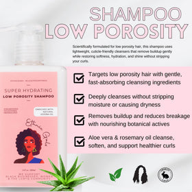 Ethnic Gals Low Porosity Shampoo label close-up highlighting clean cleansing.