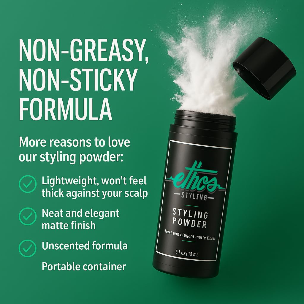 Ethos Styling Texture Powder delivers texture and all-day hold with a non-greasy feel
