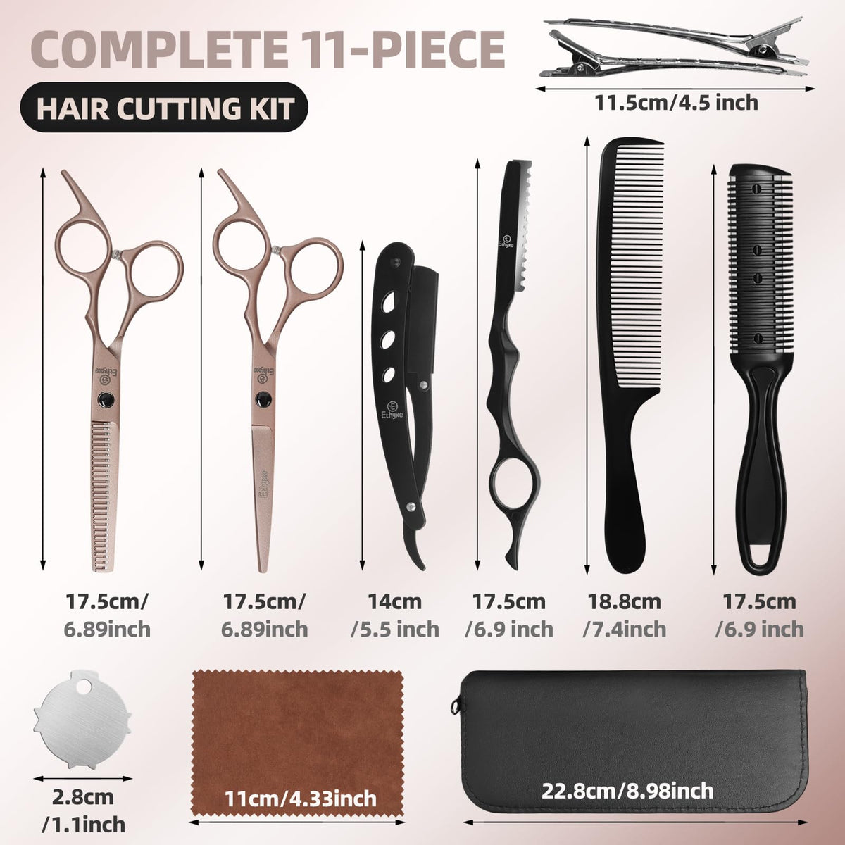 Ethyxe 11-piece haircut kit layout with essential tools for professionals.