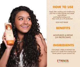 ETNIKER Curl Defining Styling Cream tube label highlights coconut oil and shea butter benefits.