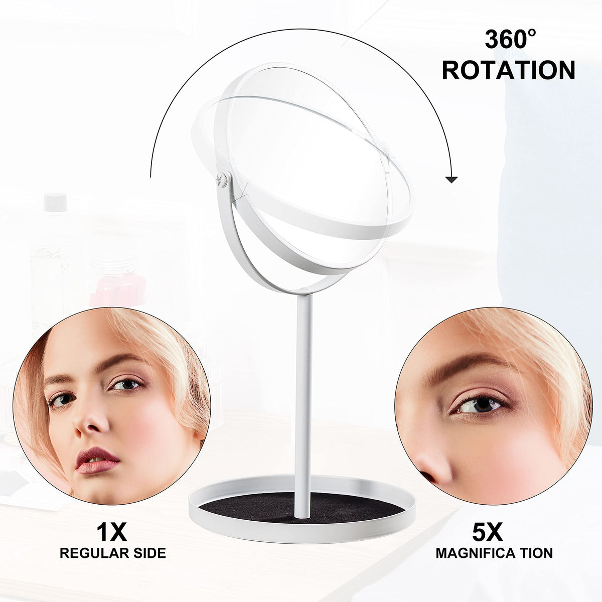 Ettori tabletop mount mirror fits vanity desks neatly.