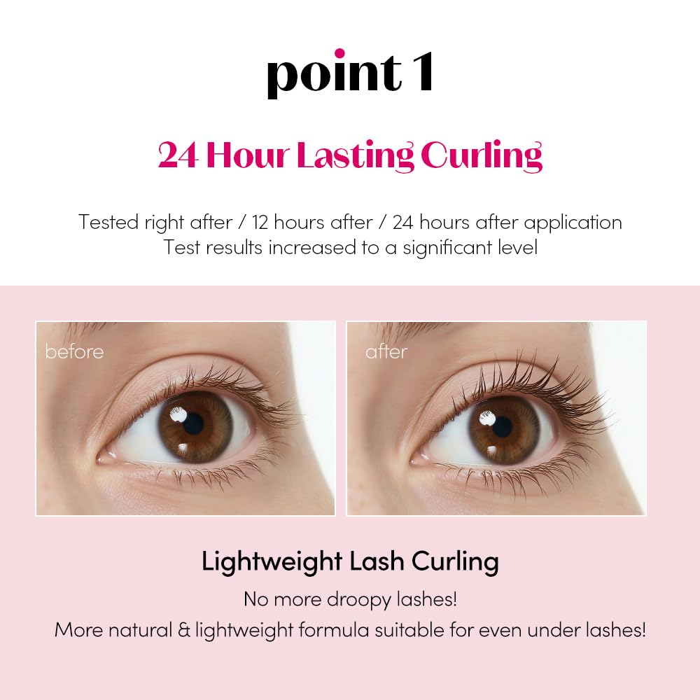 ETUDE Curl Fix Mascara on curled lashes illustrating long-lasting lift and definition