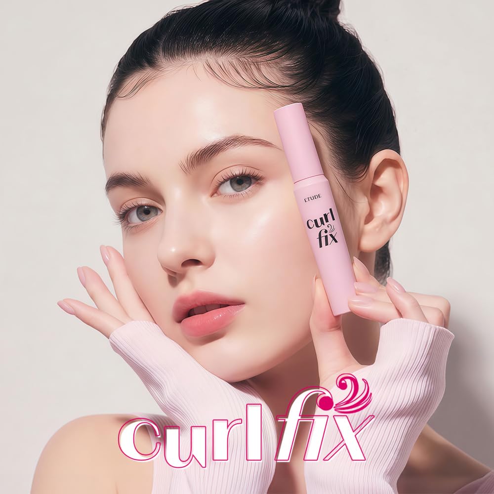 Packaging display of ETUDE Curl Fix Mascara emphasizing vegan-certified appeal