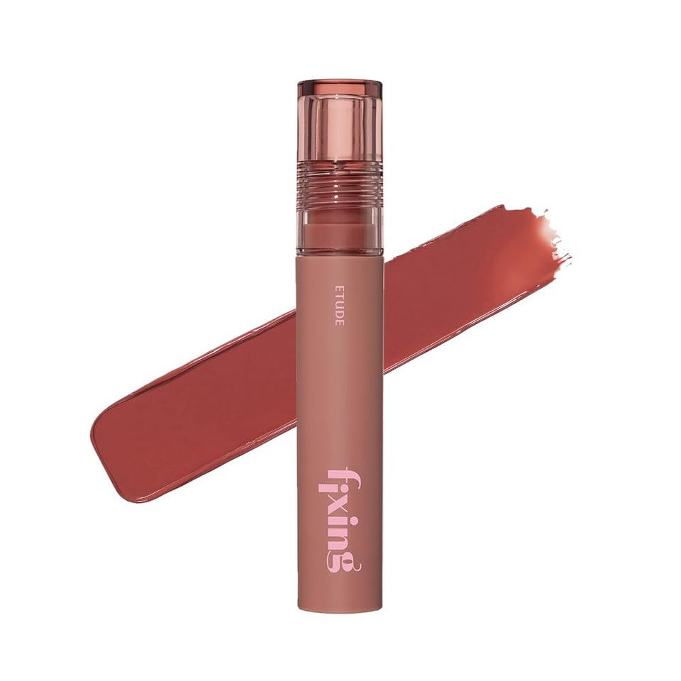 ETUDE Fixing Tint 16 Baked Pecan tube swatch shows rich, long-lasting color