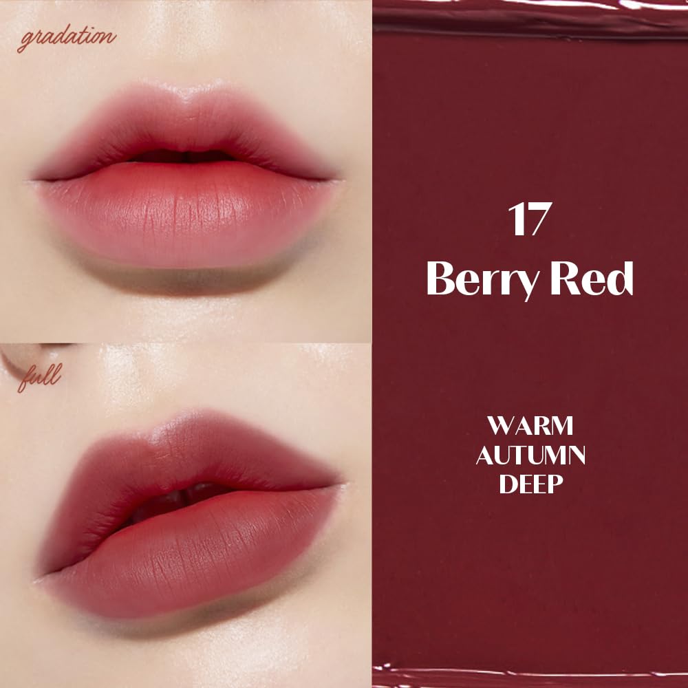 ETUDE Fixing Tint Berry Red on lips displays vivid full-coverage color.