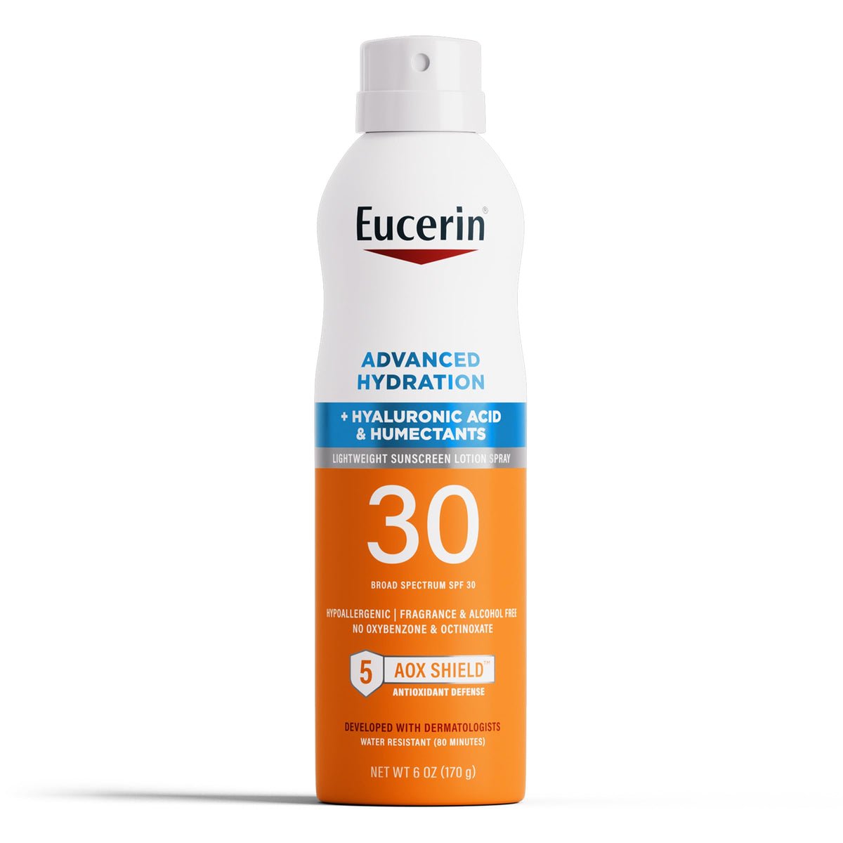 Eucerin Advanced Hydration SPF 30 spray bottle showing hydrating sunscreen with a dry finish