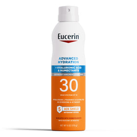 Eucerin Advanced Hydration SPF 30 spray bottle showing hydrating sunscreen with a dry finish