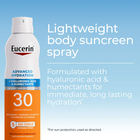 Eucerin Advanced Hydration SPF 30 spray mist for easy coverage on hard to reach areas