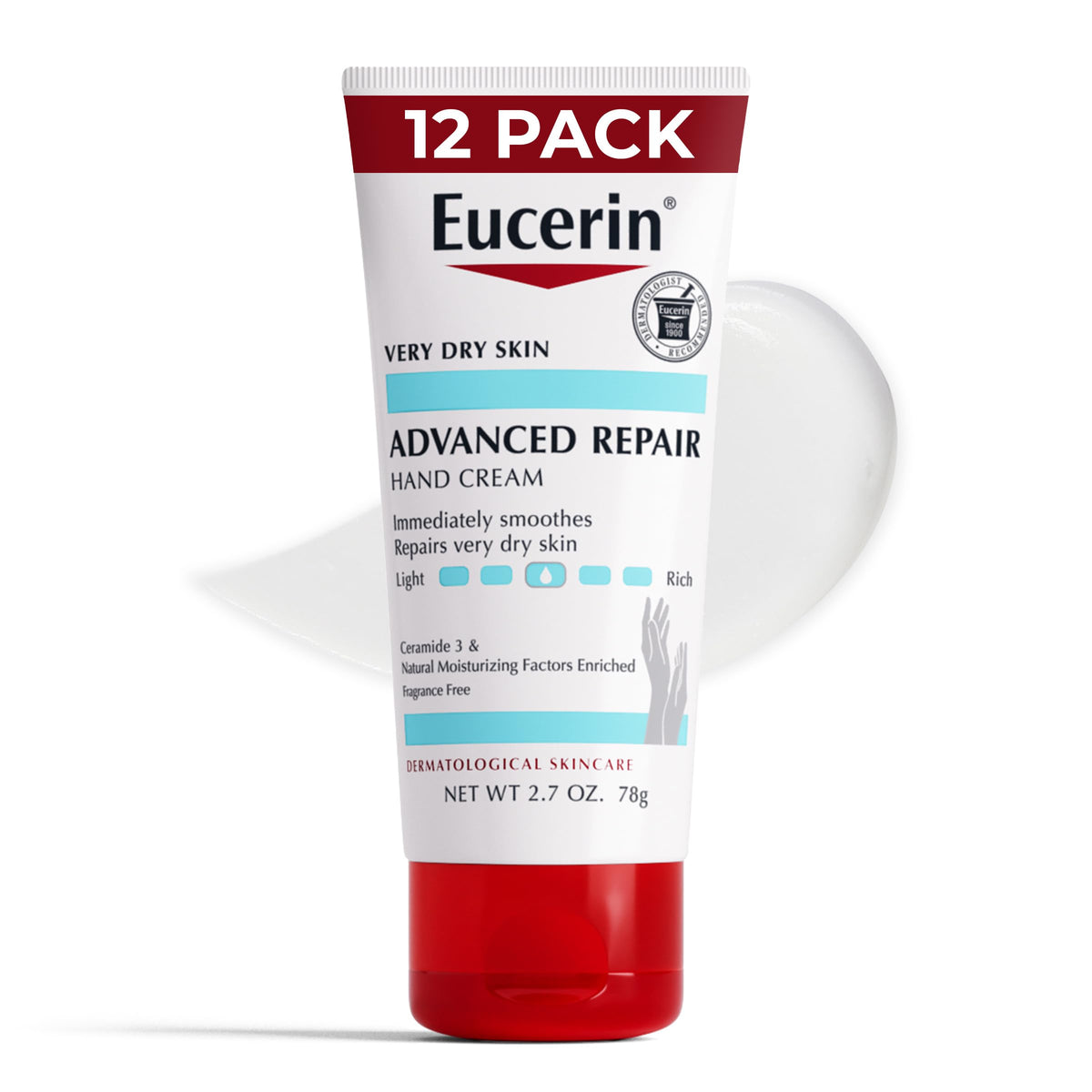 Eucerin Advanced Repair Hand Cream bottle close-up, fragrance-free formula for very dry skin.