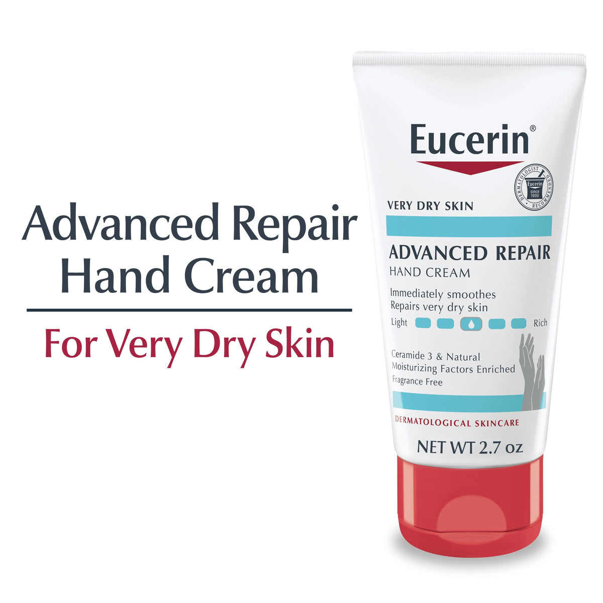 Texture close-up of Eucerin Hand Cream showing non-greasy, fast-absorbing feel.