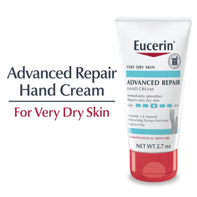 Texture close-up of Eucerin Hand Cream showing non-greasy, fast-absorbing feel.