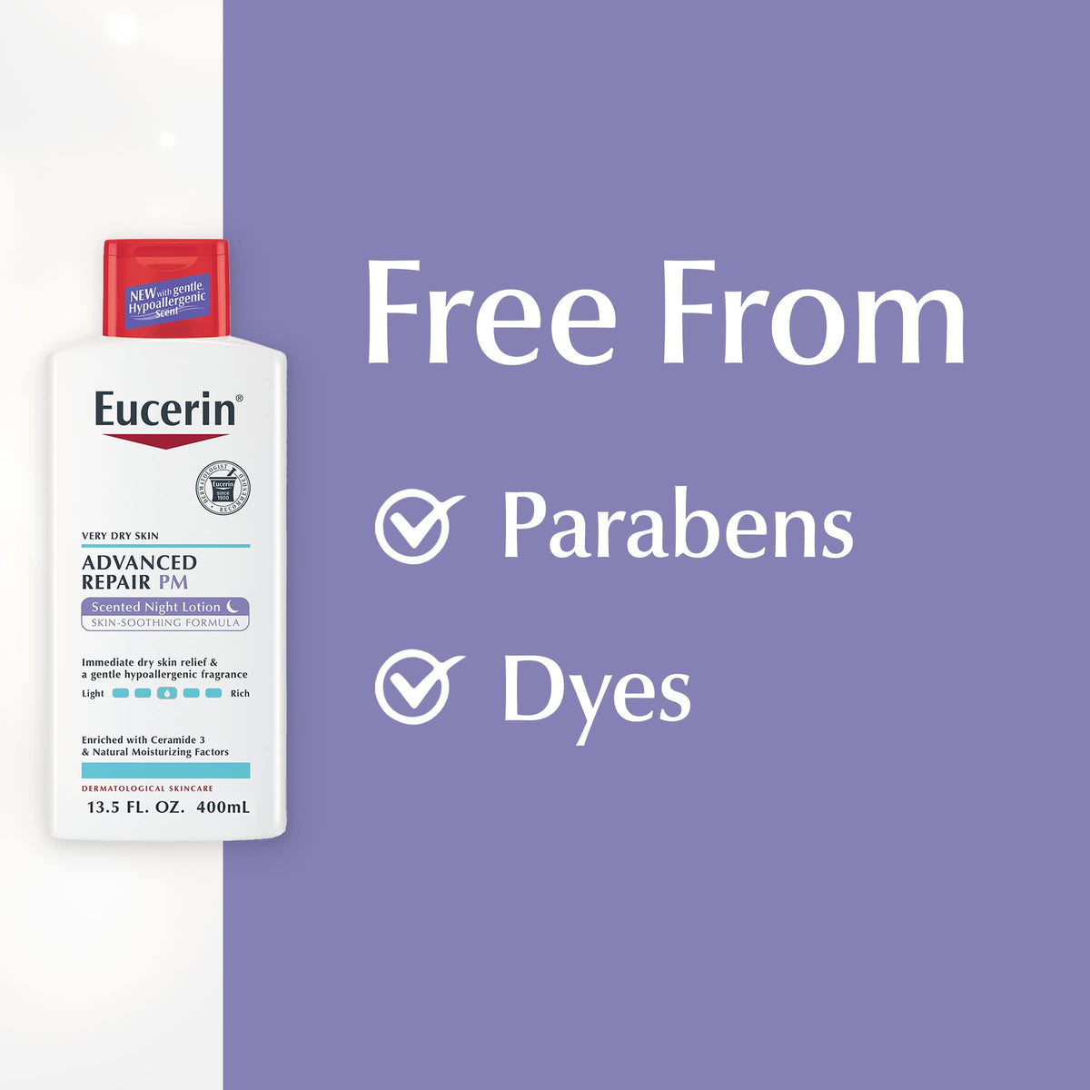 Allergen-conscious scent label on Eucerin Advanced Repair Scented Night Lotion.
