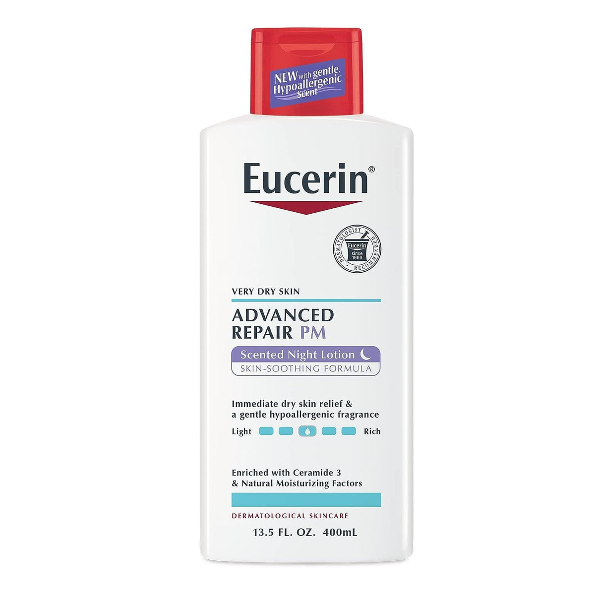 Eucerin Advanced Repair Scented Night Lotion bottle front showing 13.5 oz and moisture.