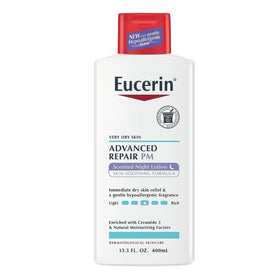 Eucerin Advanced Repair Scented Night Lotion bottle front showing 13.5 oz and moisture.