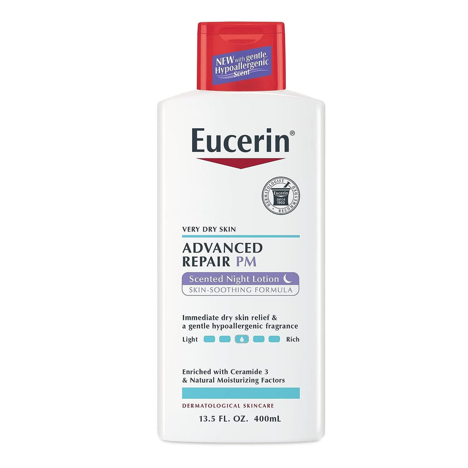 Eucerin Advanced Repair Scented Night Lotion bottle front showing 13.5 oz and moisture.
