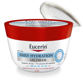 Eucerin Daily Hydration Gel Cream jar provides lightweight, non-greasy hydration for dry skin.