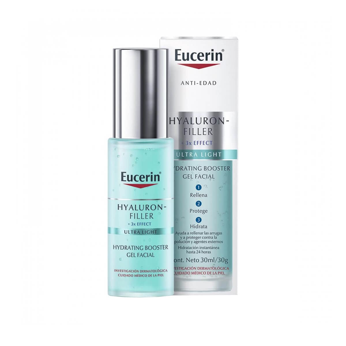 Eucerin Hyaluron-Filler Moisture Booster application on skin highlights fast-absorbing hydration