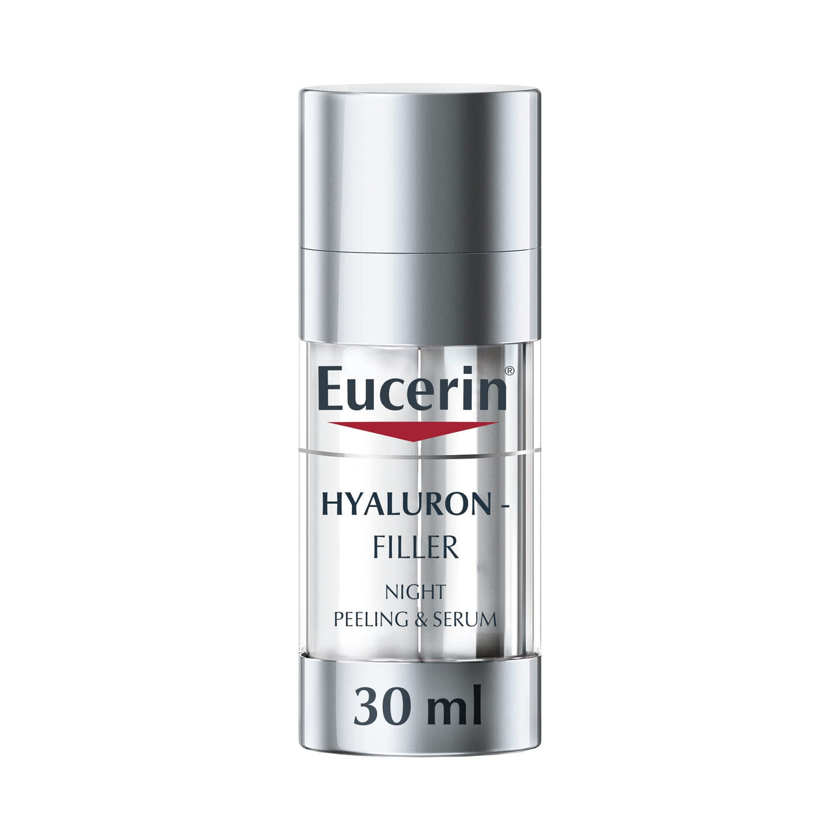 Eucerin Hyaluron Filler Peeling bottle shows a hydrating exfoliation formula.