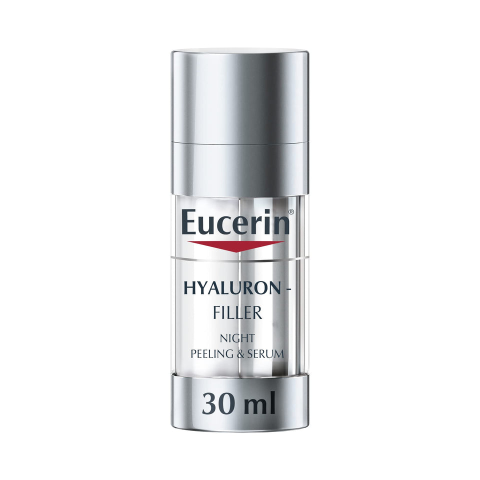 Eucerin Hyaluron Filler Peeling bottle shows a hydrating exfoliation formula.