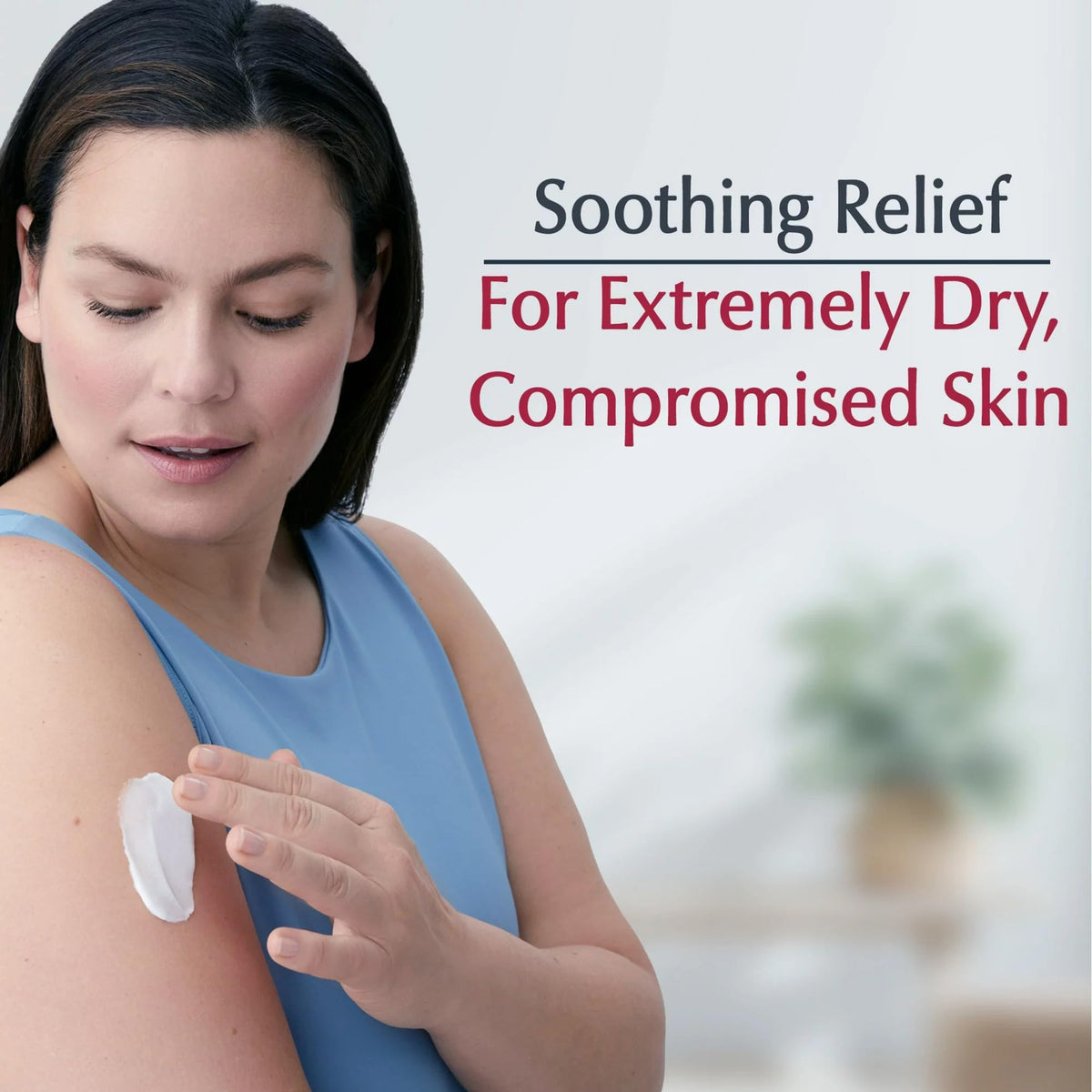 Eucerin Original Healing Enriched Creme translucent jar on bathroom counter.