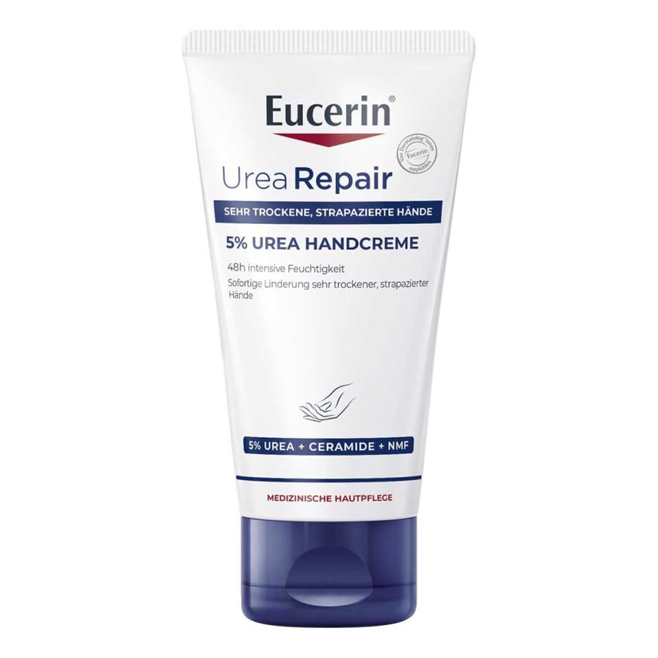 Eucerin Repairing Hand Cream 75ml tube front for daily dry-hand nourishment.