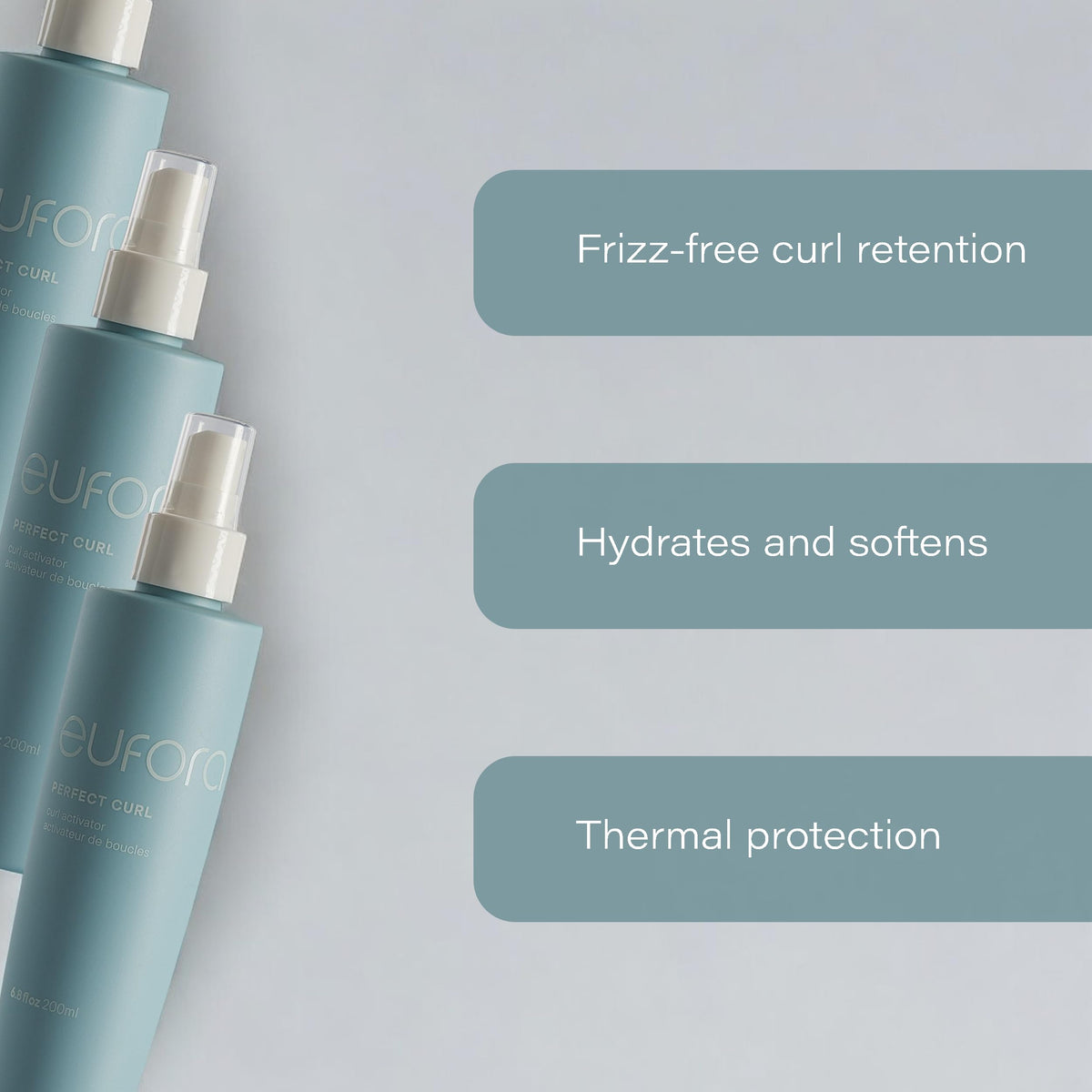 Eufora Perfect Curl Activator spray application promotes soft, frizz-free shine.