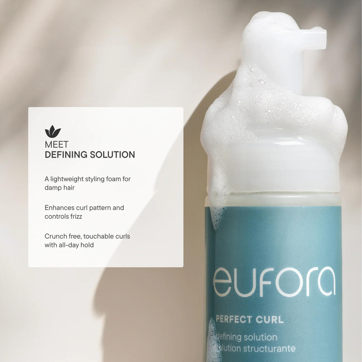 Curl close-up showing frizz control and shine with Eufora Perfect Curl Defining Solution.