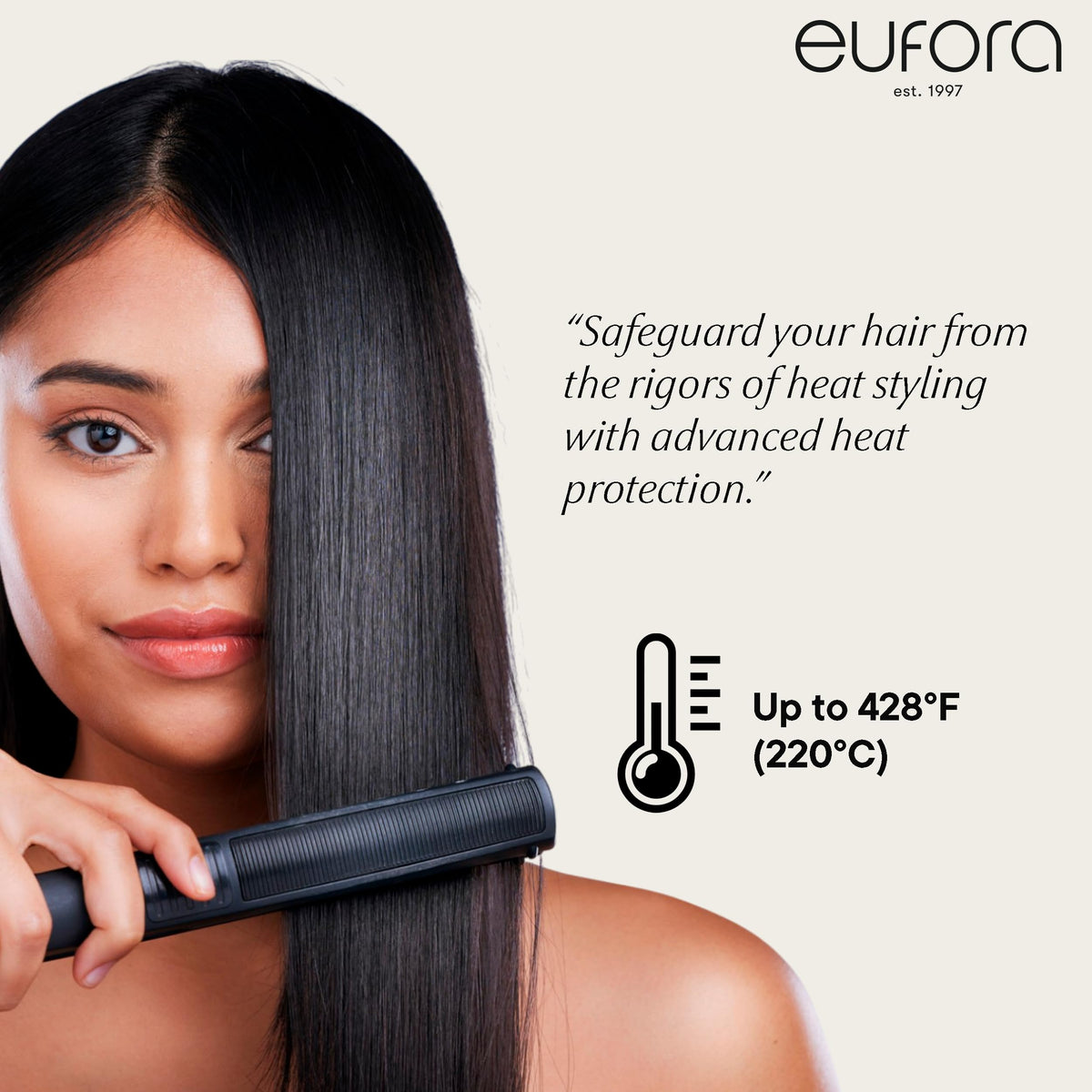 Eufora Retain spray mist dispersing evenly for comprehensive heat protection.