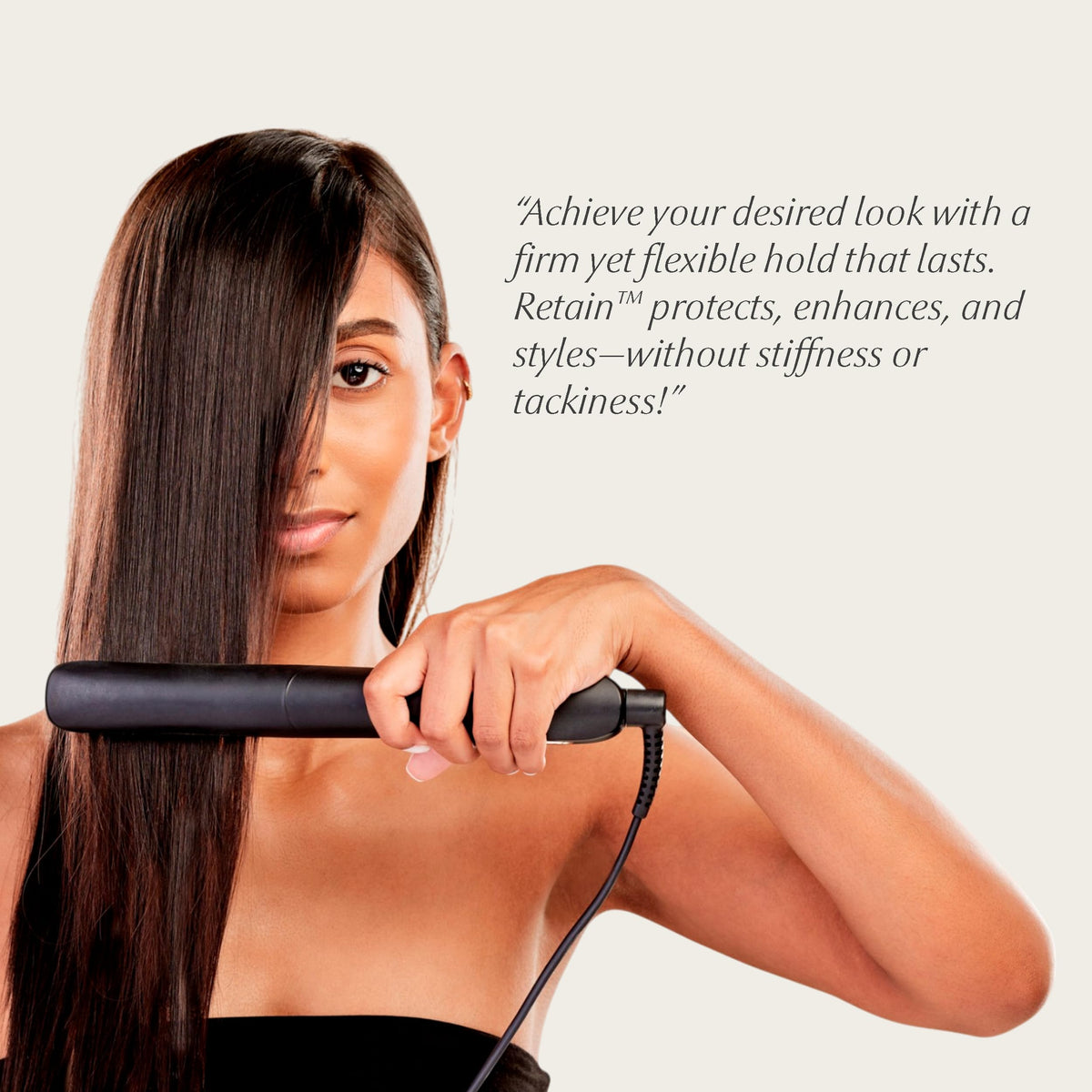 Eufora Retain spray applied to hair for smooth, frizz-free results.