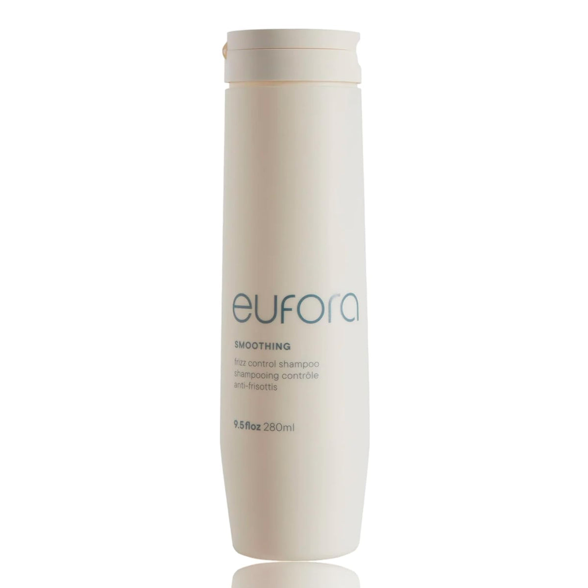 Eufora Smoothing Frizz Control Shampoo bottle promotes smoother frizz-free hair.