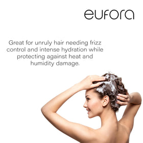Eufora Smoothing Frizz Control Shampoo packaging on display highlights premium care.