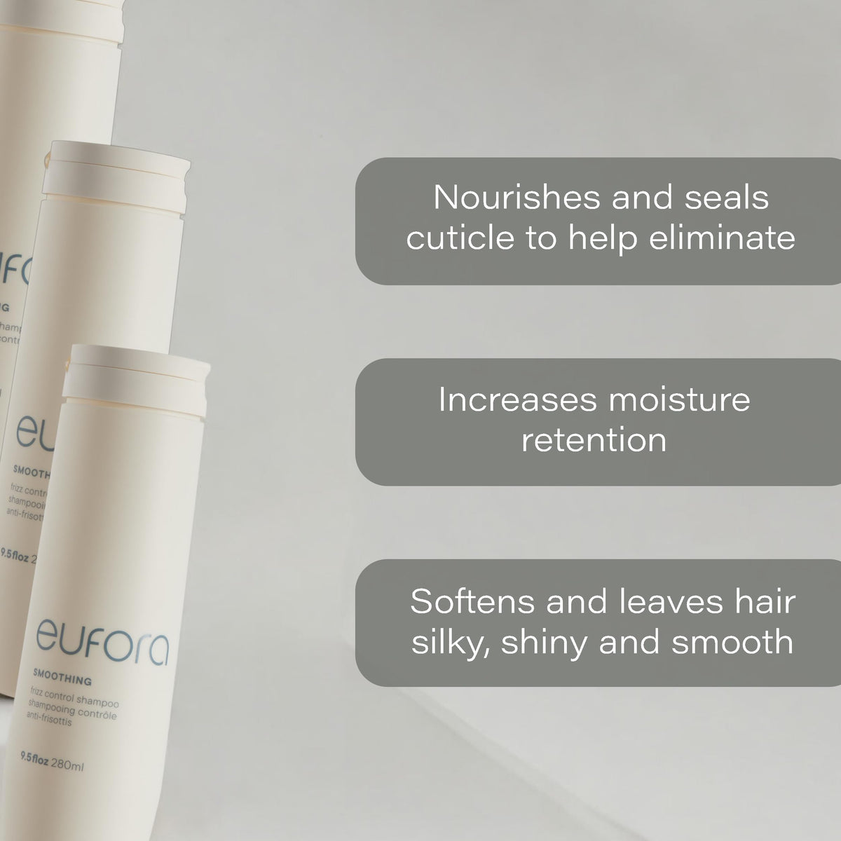 Eufora Smoothing Frizz Control Shampoo pump top for easy dispensing.