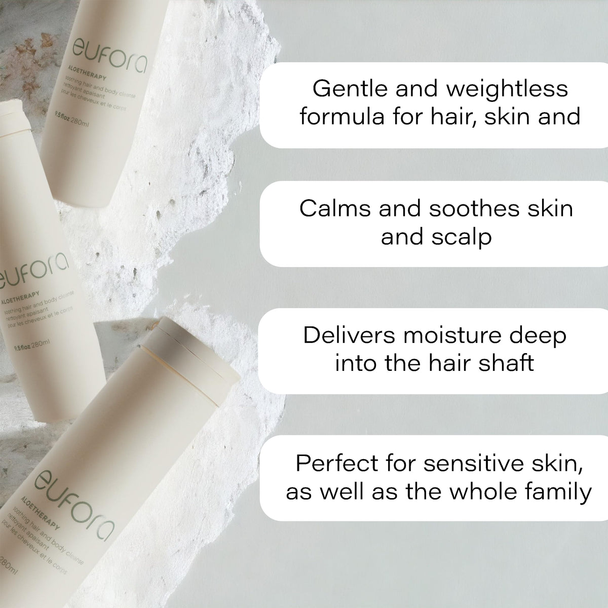 Close-up of aloe vera gel from Eufora Soothing Cleanse providing gentle conditioning.