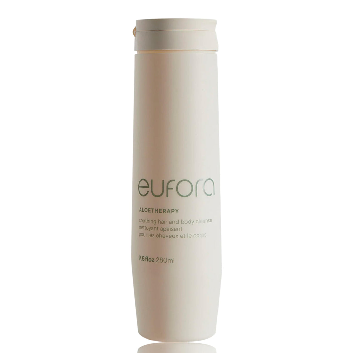 Eufora Soothing Hair and Body Cleanse bottle pouring a lightweight hydrating formula.